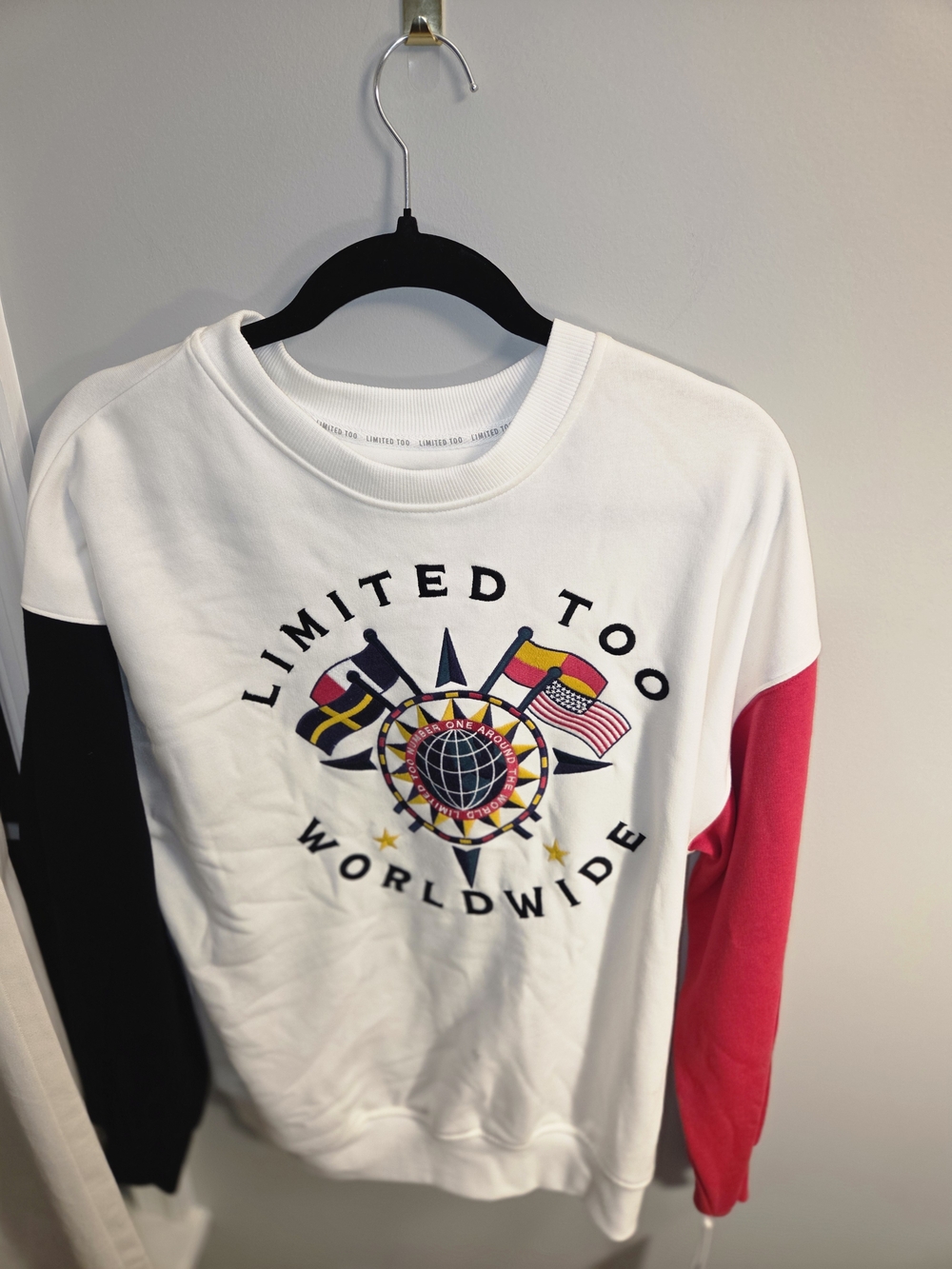 Limited Too White Crewneck Sweatshirt with Black & Red Sleeves